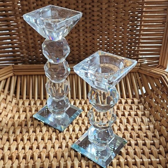 Faceted Crystal Ball Pillar Candlesticks - Picture 1 of 5
